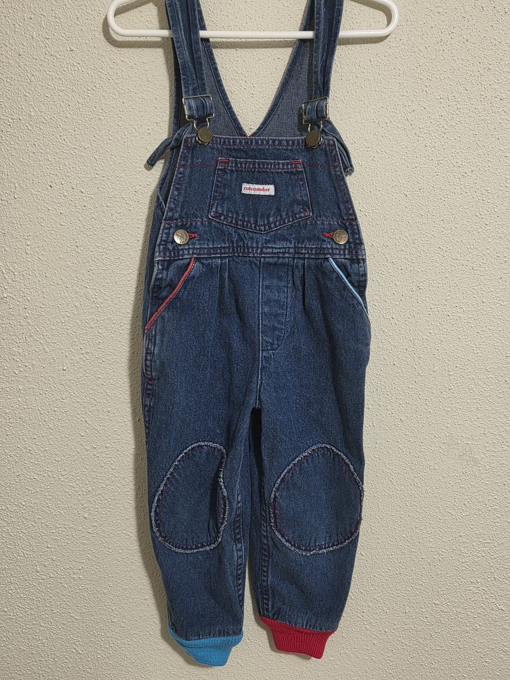 Vintage 90s Cutecumber Denim Overalls USA Made Colorblock Cuffs Knee Patches 3T